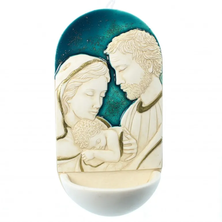 Palais du Rosaire Bénitier de la Sainte Famille en résine avec fond bleu 15cm^ Bénitier
