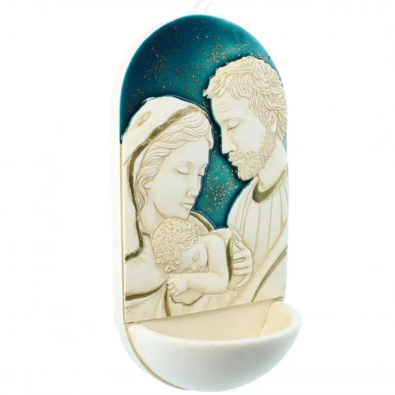 Palais du Rosaire Bénitier de la Sainte Famille en résine avec fond bleu 15cm^ Bénitier