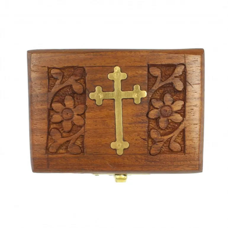 Palais du Rosaire Boîte à chapelet en bois avec croix en laiton 8cm^ Boîte À Chapelet