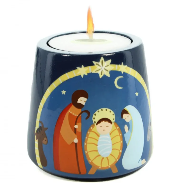 Palais du Rosaire Bougeoir de la Nativité en bois naturel peint à la main avec bougie^ Décoration De Noël | Bougie De Dévotion