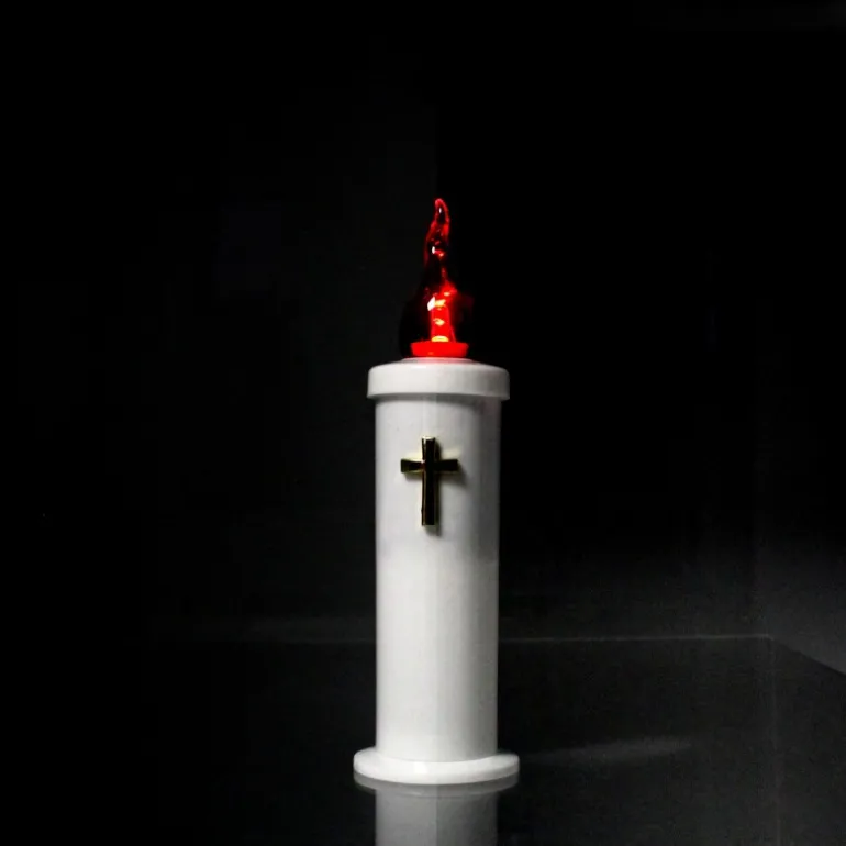 Palais du Rosaire Bougie LED avec croix dorée et flamme rouge^ Bougie Électrique