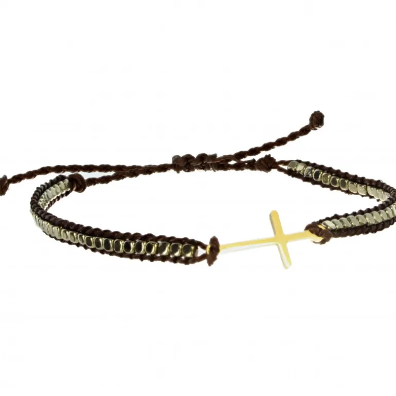 Palais du Rosaire Bracelet avec croix en acier doré monté sur corde ajustable^ Bracelet Fantaisie