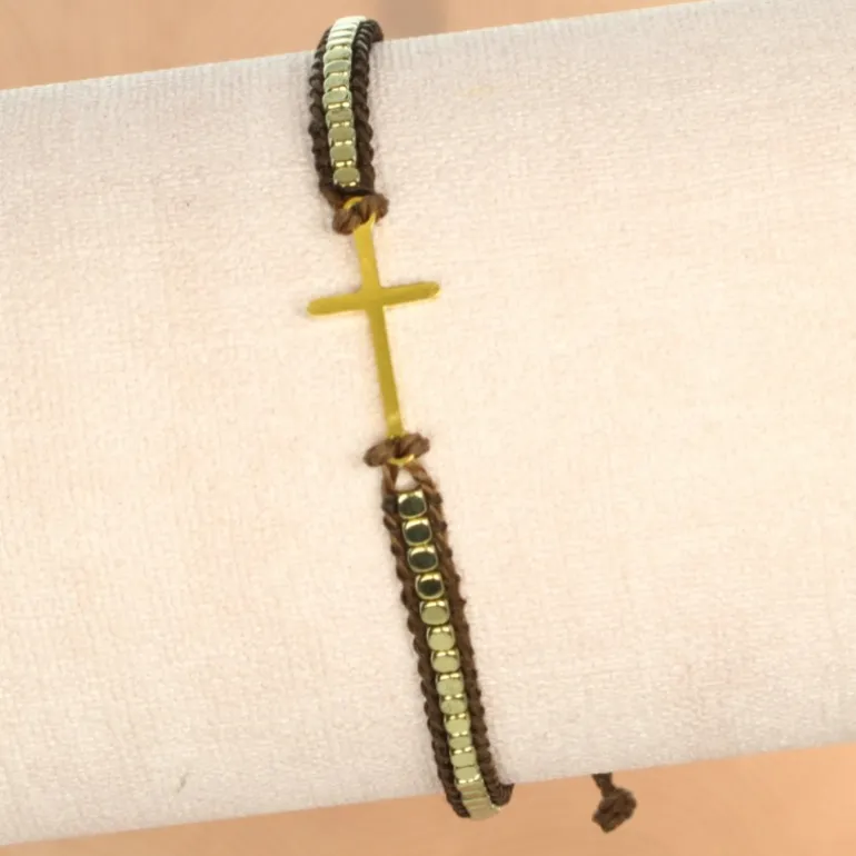 Palais du Rosaire Bracelet avec croix en acier doré monté sur corde ajustable^ Bracelet Fantaisie