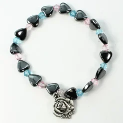 Palais du Rosaire Bracelet avec Perle Coeur hématite bleu/rose et médaille de Lourdes^ Bracelet Fantaisie