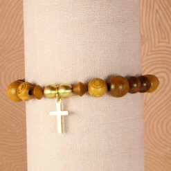 Palais du Rosaire Bracelet bois, laiton et croix dorée^ Bracelet Fantaisie