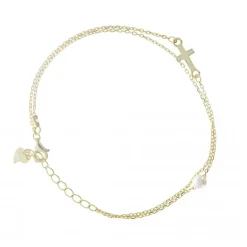 Palais du Rosaire Bracelet chaine double avec croix et perle de nacre en argent doré^ Bracelet Argent