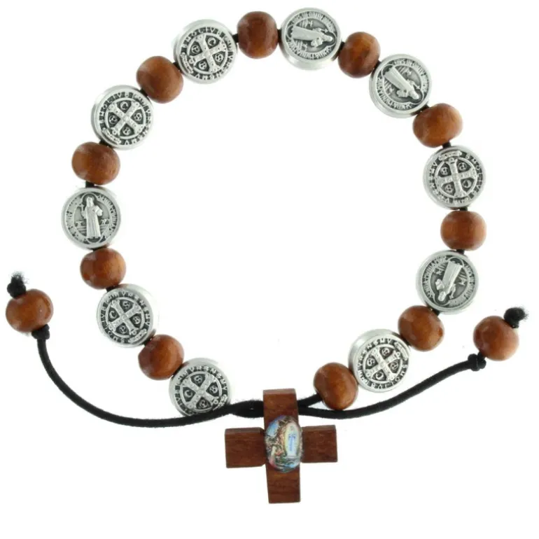 Palais du Rosaire Bracelet de Saint Benoît avec des perles en bois et une croix^ Bracelet Fantaisie