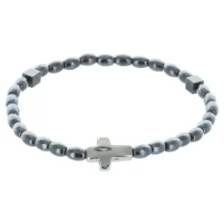 Palais du Rosaire Bracelet dizainier élastique grains hématite et croix argentée^ Bracelet Dizainier