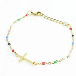 Palais du Rosaire Bracelet doré avec croix et perle multicolores^ Bracelet Fantaisie