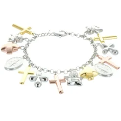 Palais du Rosaire Bracelet en Argent avec pendentifs croix et médailles religieuses^ Communion | Bracelet Argent