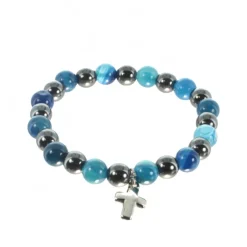 Palais du Rosaire Bracelet en hématite et agate bleue avec une croix en métal^ Bracelet Fantaisie