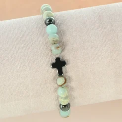 Palais du Rosaire Bracelet en pierre naturelle bleutée et croix en hématite^ Bracelet Fantaisie