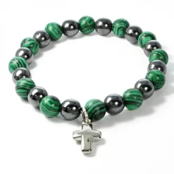 Palais du Rosaire Bracelet en pierres naturelles d'Hématite et Malachite avec croix^ Bracelet Fantaisie
