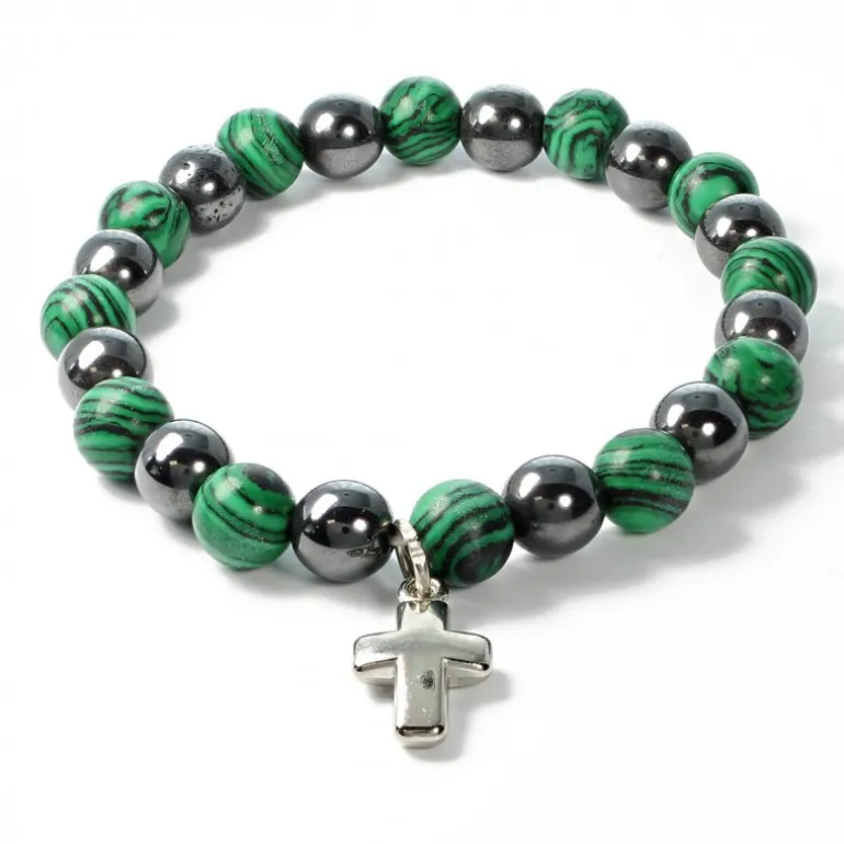 Palais du Rosaire Bracelet en pierres naturelles d'Hématite et Malachite avec croix^ Bracelet Fantaisie