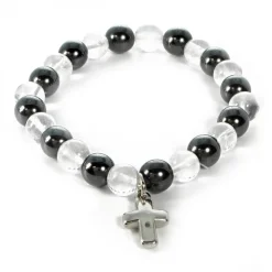 Palais du Rosaire Bracelet en pierres naturelles d'Hématite et Cristal avec croix^ Bracelet Fantaisie