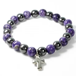 Palais du Rosaire Bracelet en pierres naturelles d'Hématite et Charoïte avec croix^ Bracelet Fantaisie