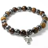 Palais du Rosaire Bracelet en pierres naturelles d'Hématite et Oeil de Tigre avec croix^ Bracelet Fantaisie