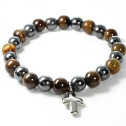 Palais du Rosaire Bracelet en pierres naturelles d'Hématite et Oeil de Tigre avec croix^ Bracelet Fantaisie