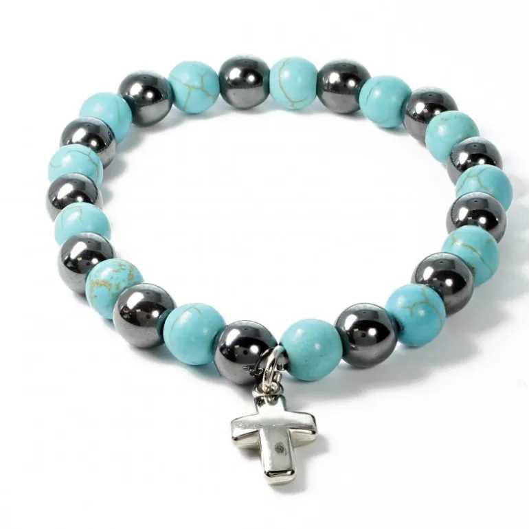 Palais du Rosaire Bracelet en pierres naturelles d'Hématite et Turquoise avec croix^ Bracelet Fantaisie