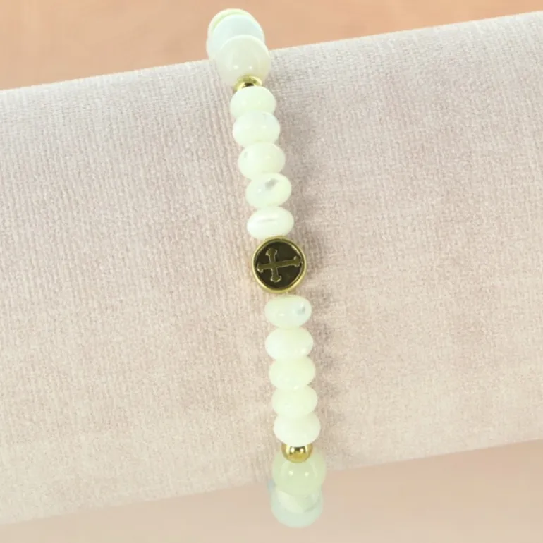 Palais du Rosaire Bracelet en pierres naturelles claire et croix en métal^ Bracelet Fantaisie