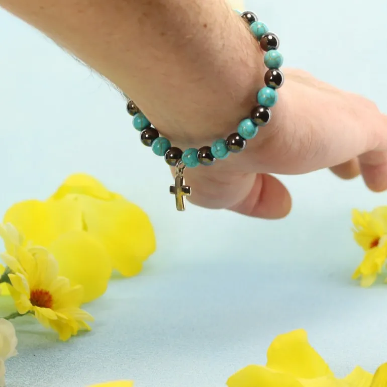 Palais du Rosaire Bracelet en pierres naturelles d'Hématite et Turquoise avec croix^ Bracelet Fantaisie