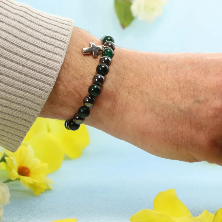 Palais du Rosaire Bracelet en pierres naturelles d'Hématite et Agate verte avec croix^ Bracelet Fantaisie