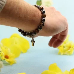 Palais du Rosaire Bracelet en pierres naturelles d'Hématite et Oeil de Tigre avec croix^ Bracelet Fantaisie