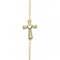 Palais du Rosaire Bracelet en plaqué or avec croix strass et coeur ajouré^ Bracelet Plaqué Or