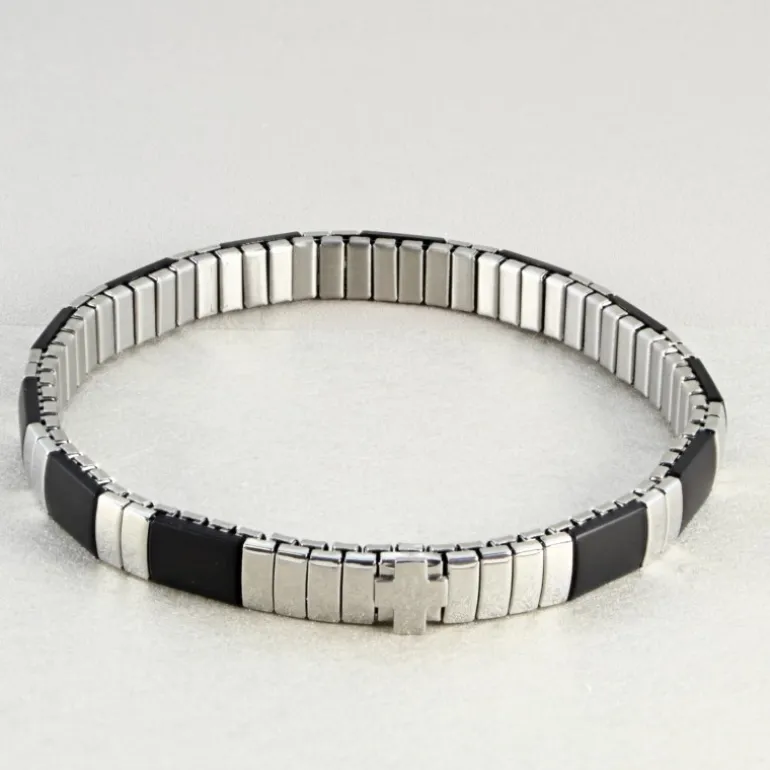 Palais du Rosaire Bracelet noir pour homme avec croix en acier^ Bracelet Fantaisie