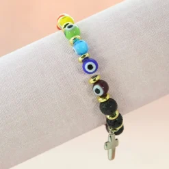Palais du Rosaire Bracelet perles de verre et pierre de lave avec une croix^ Bracelet Fantaisie