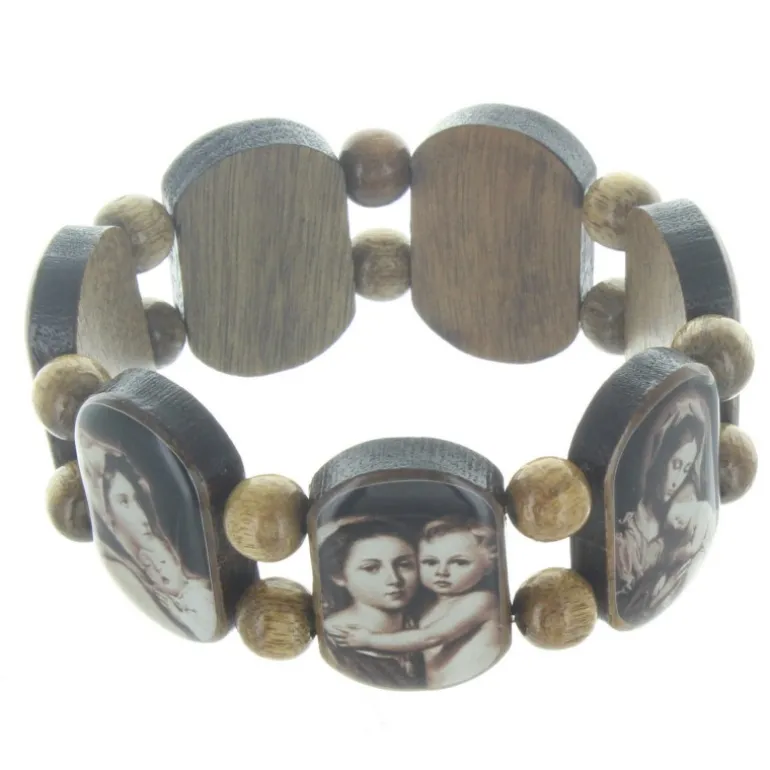 Palais du Rosaire Bracelet religieux en bois avec des images de la Vierge^ Bracelet Fantaisie