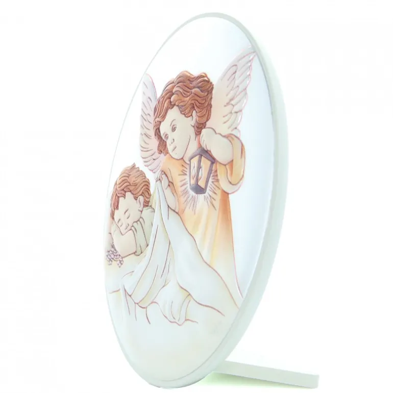 Palais du Rosaire Cadre bois blanc ovale Ange lanterne 10x13cm^ Baptême | Cadre Religieux