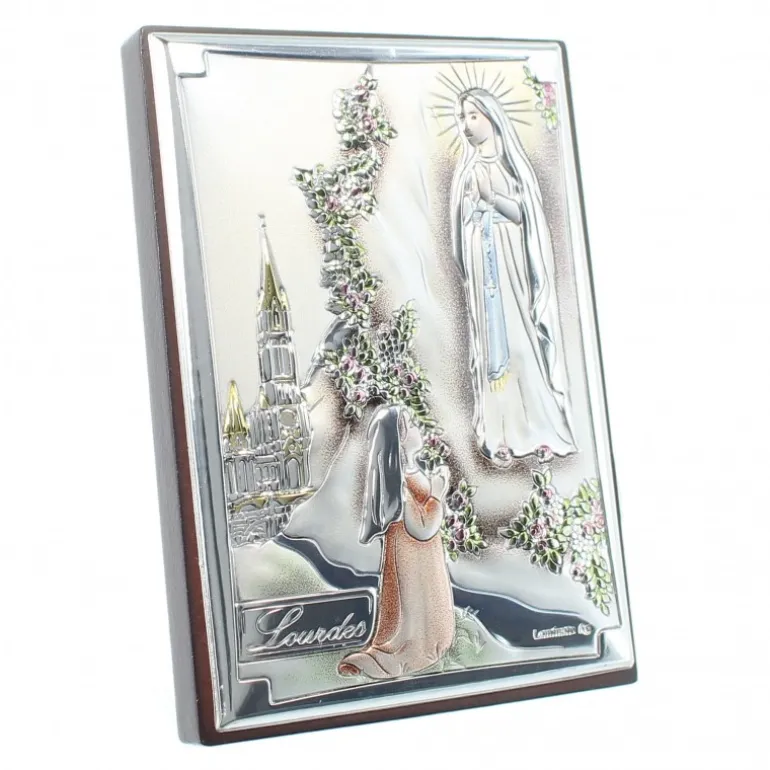 Palais du Rosaire Cadre de l'Apparition de Lourdes colorisée en métal argenté sur bois 5x7cm^ Cadre Religieux