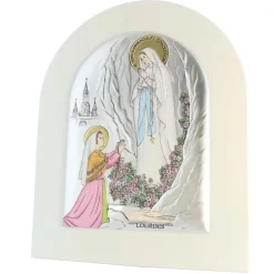 Palais du Rosaire Cadre de l'Apparition de Lourdes en bois blanc et métal argenté 17x21cm^ Cadre Religieux