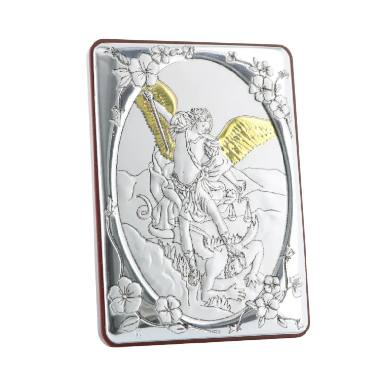 Palais du Rosaire Cadre de l'Archange Saint Michel en bois et argent 7x14cm^ Cadre Religieux