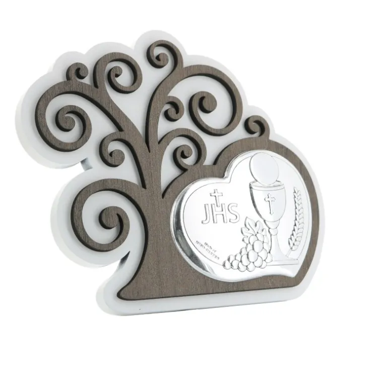 Palais du Rosaire Cadre pour communion avec coeur et arbre de vie en argent 15x13cm^ Communion | Cadre Religieux