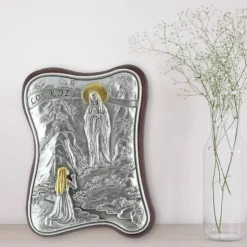Palais du Rosaire Cadre religieux ondulé Apparition de Lourdes argentée 4,5 x 6,5 cm^ Cadre Religieux