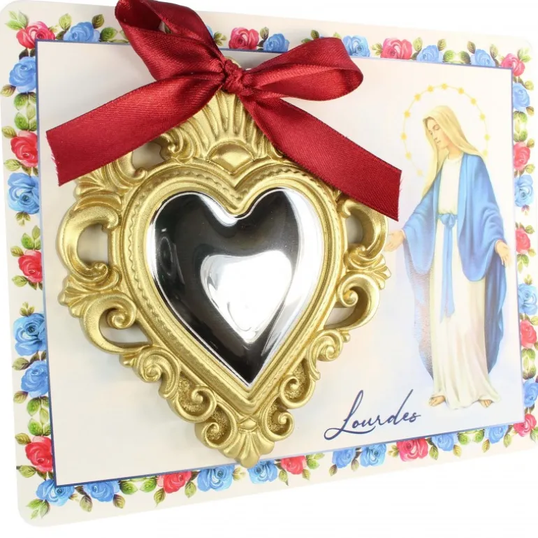 Palais du Rosaire Carte de l'Apparition de Lourdes et son pendentif Ex Voto doré 12x10 cm^ Ex-Voto