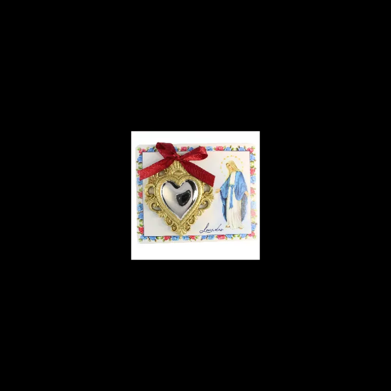 Palais du Rosaire Carte de l'Apparition de Lourdes et son pendentif Ex Voto doré 12x10 cm^ Ex-Voto
