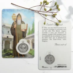 Palais du Rosaire Carte de prière Saint Benoît avec médaille^ Image Religieuse