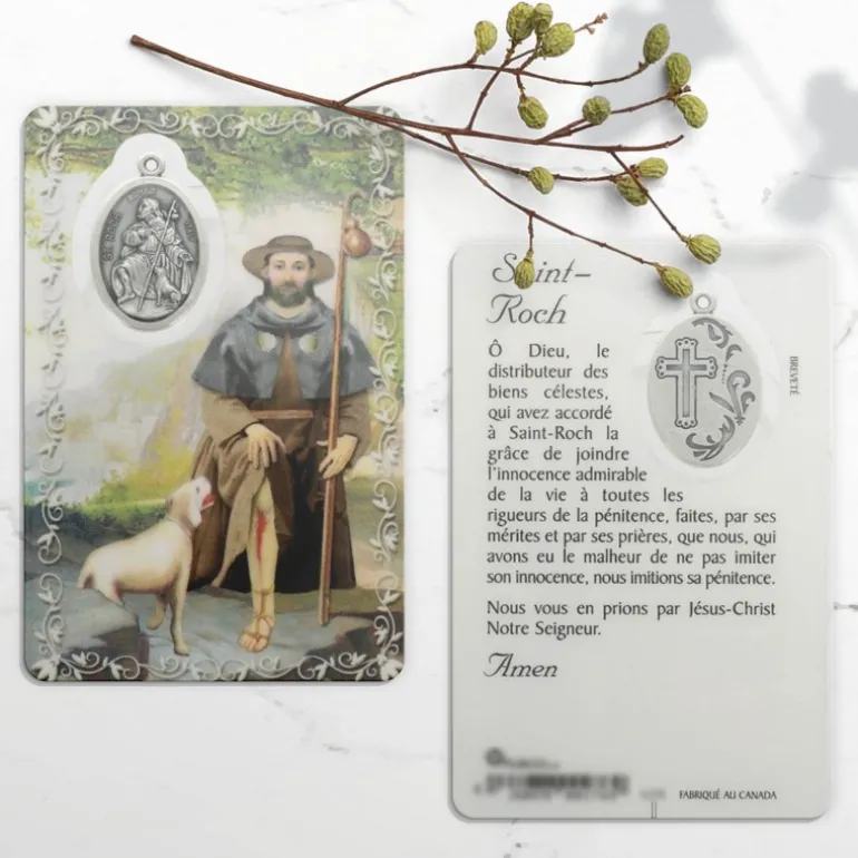 Palais du Rosaire Carte de prière Saint Roch avec médaille^ Image Religieuse