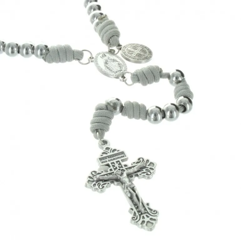 Palais du Rosaire Chapelet de Combat sur corde avec une médaille de Saint Benoît et croix du pardon^ Chapelet De Saint Benoît | Chapelet Métal
