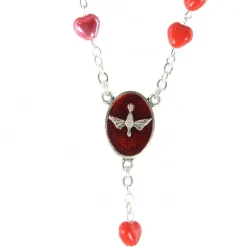 Palais du Rosaire Chapelet de Confirmation avec coeur Saint Esprit et grains en coeurs rouges^ Communion | Chapelet Verre