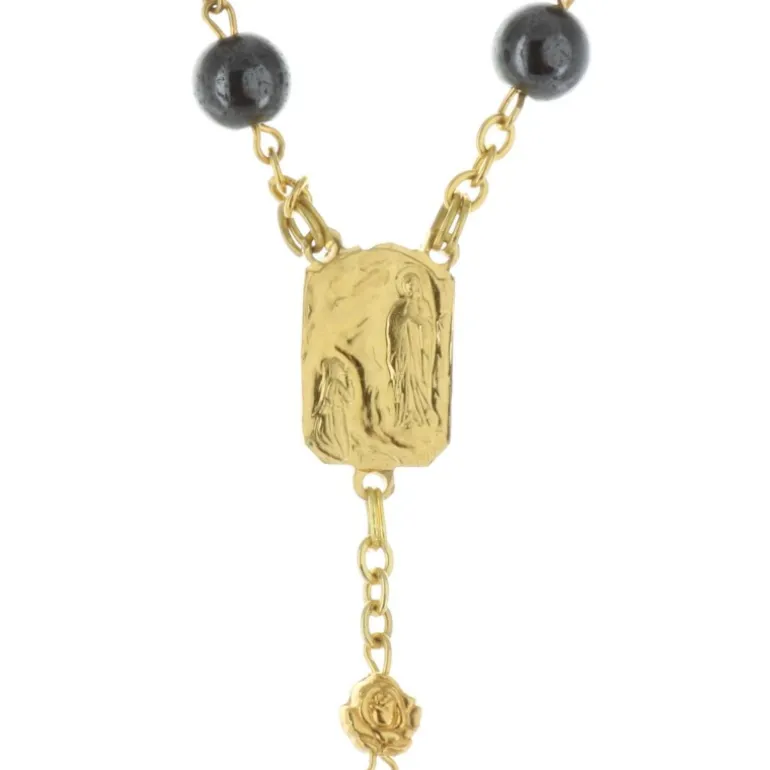 Palais du Rosaire Chapelet de Lourdes en hématite et paters en forme de roses dorées^ Chapelet De Lourdes | Chapelet Pierre