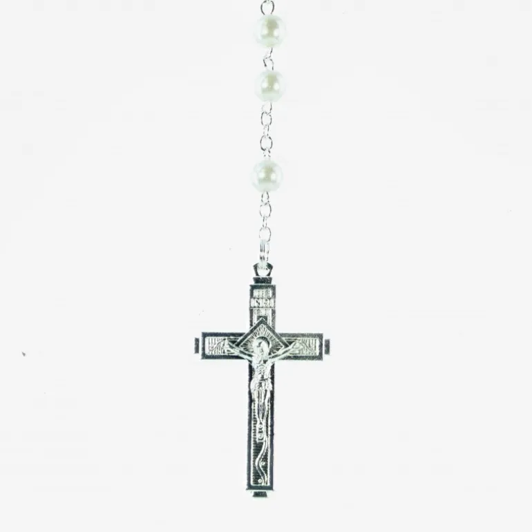 Palais du Rosaire Chapelet de Lourdes en verre blanc avec croix trilobée^ Chapelet De Lourdes | Chapelet Verre