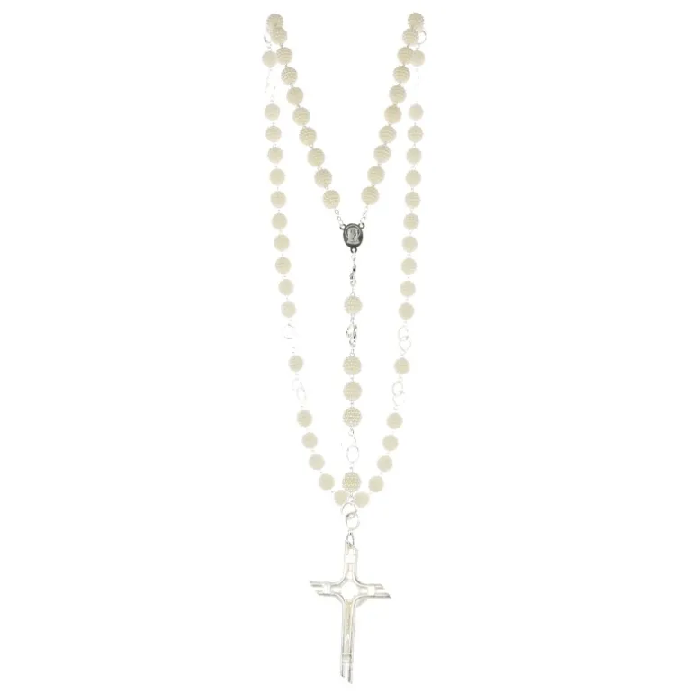 Palais du Rosaire Chapelet de Mariage en métal avec grains blancs en relief^ Chapelet Résine | Chapelet Métal