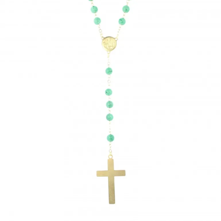Palais du Rosaire Chapelet doré en pierres Aventurine de 6mm avec croix émaillée^ Chapelet Pierre