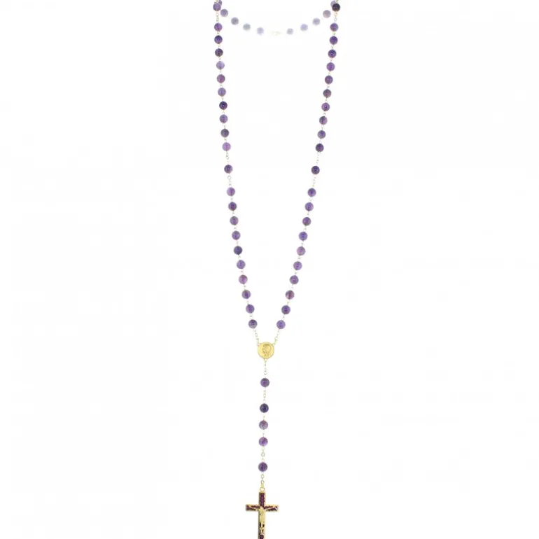 Palais du Rosaire Chapelet doré en pierres d'Améthyste de 6mm avec croix émaillée^ Chapelet Pierre