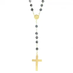 Palais du Rosaire Chapelet doré en pierres Obsidienne de 6mm avec croix émaillée^ Chapelet Pierre