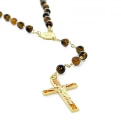 Palais du Rosaire Chapelet doré en pierres Oeil de Tigre 6mm avec croix émaillée^ Chapelet Pierre